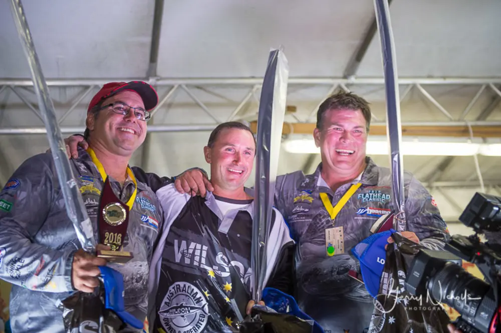 Winners are certainly grinners. From left Scott Fleming, Rob Payne and Kord Luckus of Wilson Fishing. Photo Gerry Nicholls Photography