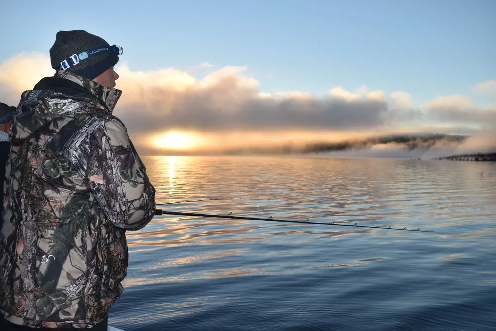 Dawn always sees a couple of degrees fall off the temperature gauge. Shane is wearing a hunting jacket that allows free movement, keeps him warm and dry and has a hood to protect heat loss from his head.